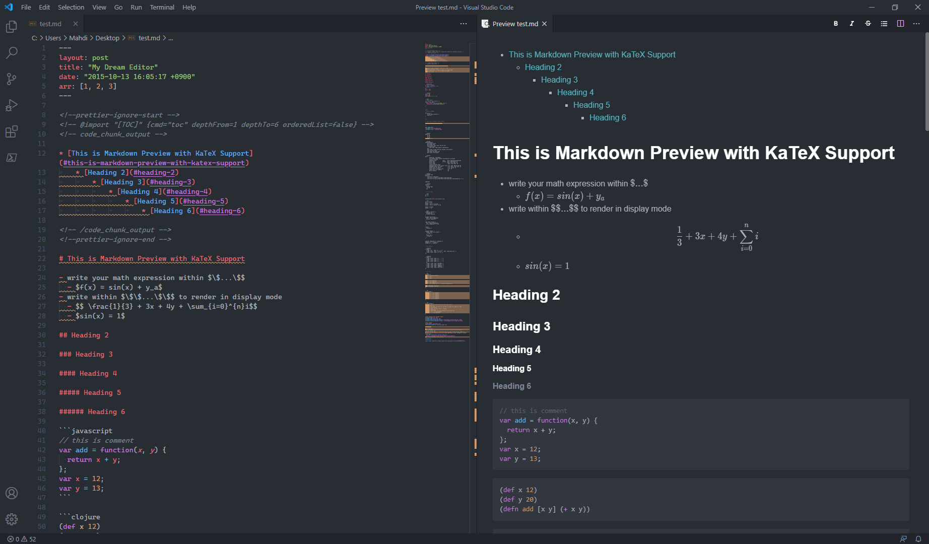 Visual Studio Code（安装了 Markdown Preview Enhanced、Markdownlint 和 One Dark Pro）